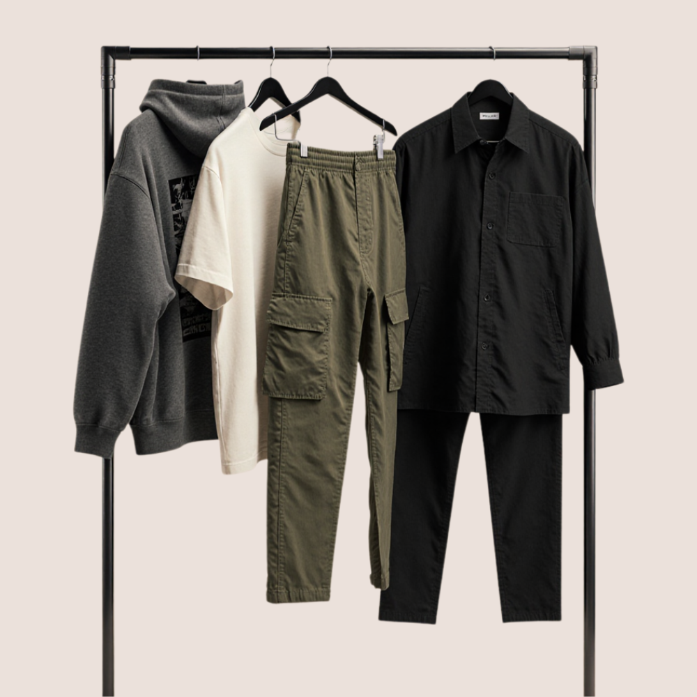 Clothing rack with various items
